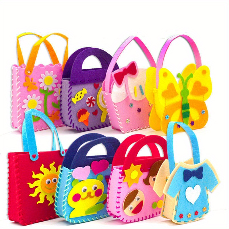 

3pcs Cartoon Fabric Handbags Set, Diy Sewing Toys, Handmade Non-woven & Flower Bags, Gifts, Color