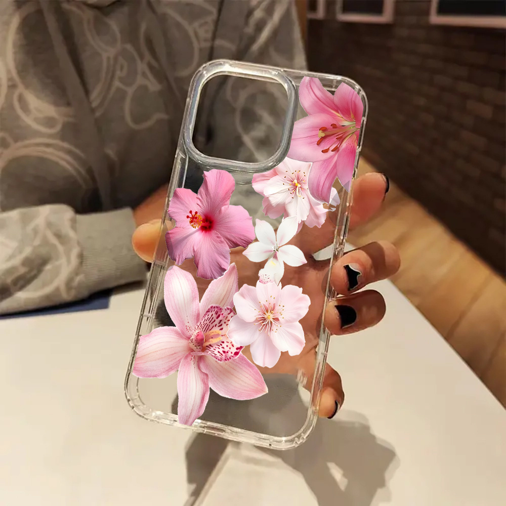Aesthetic Clear Phone Case Featuring Pink And White Hibiscus And Coconut  Design, Suitable for Iphone Models 16, 11, 15, 14, 13, And 12 Pro  Perfect