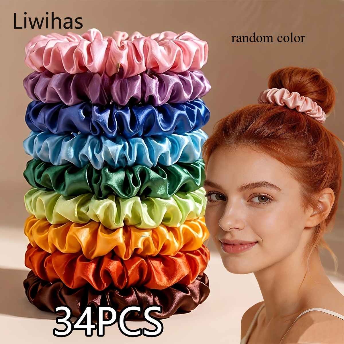 TEMU 34pcs Set Of Satin Hair Ties For Women, Seamless Stretchable Hair Bands, Colorful Soft Hair Accessories, High-capacity Ponytail Holders Suitable