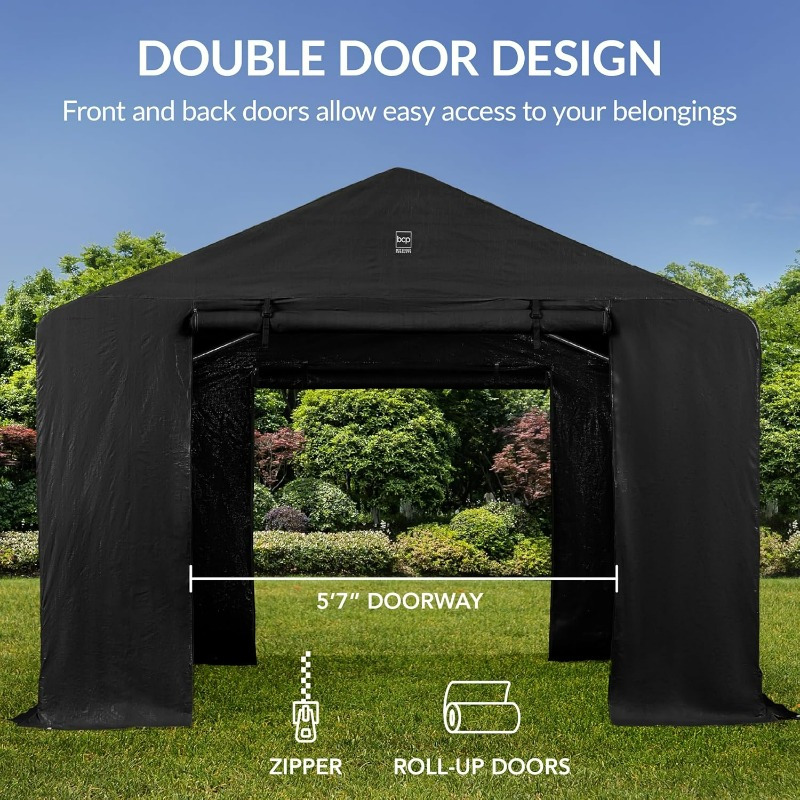 10x8ft Heavy-Duty Outdoor Storage Shed with Dual Roll-Up Doors & Windows, Steel Frame Canopy Shelter - UV50+ Rated, Easy Assembly, for Motorcycle, Bike, Garden Tools, Lawnmower - Black, Backyard Organization, Weatherresistant Design, Longlasting Durability, Motorcycle Owners