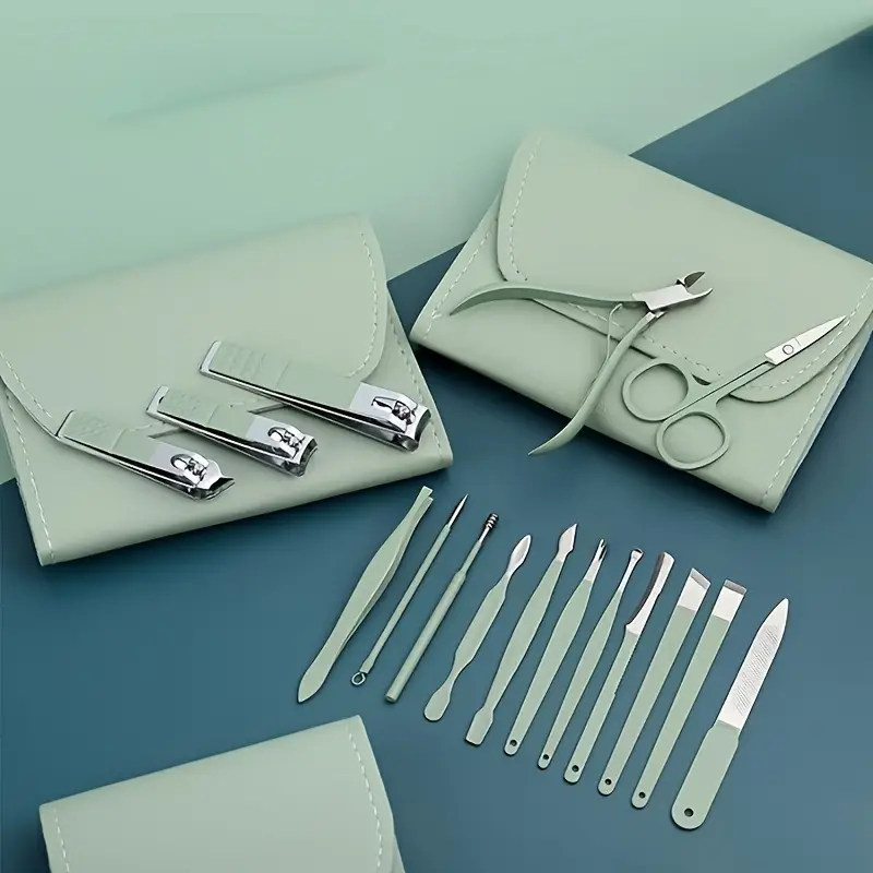 16in 1 stainless steel nail trimming suit professional portable travel case 2 5mm flat nail clippers with adjustable jaw serrated edge for on the go manicure pedicure durable light beige safe manicure tool nail care accessories trimming kit tools home manicure Product details 1