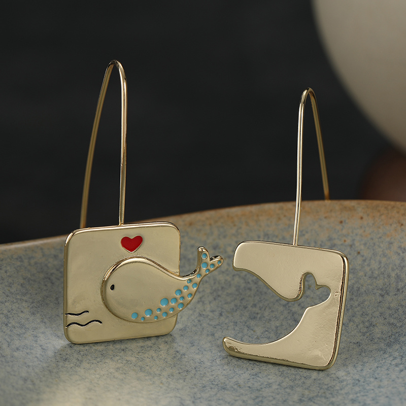 Women's Whale Pattern Carved Square Pendant Earrings