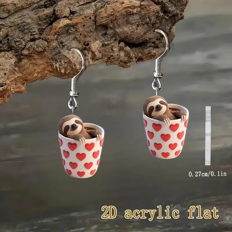 Image of 2d Flat, Sloth Hanging From Heart Earrings - Cute Sloth & Sloth-themed Party, K Acrylic Sloth Earrings Suitable For Weddings, Parties, Pet-themed Events - Wearable Gift For Sloth Lovers, 2d Flat