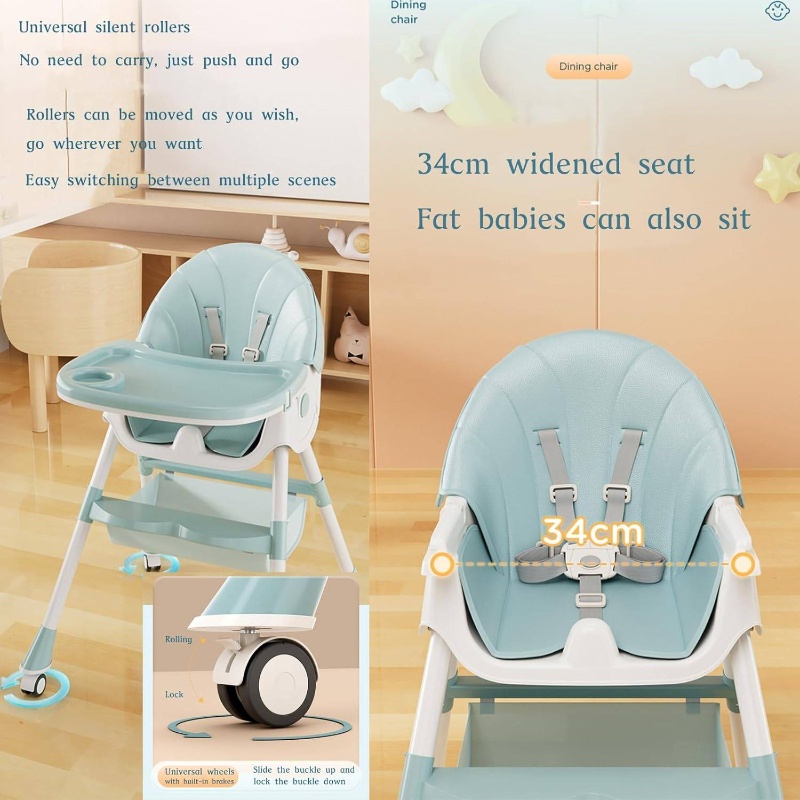 4-in-1 Folding High Chair with Removable Adjustable Height, Reclining Backrest & Safety Harness - Convertible to Stroller, Booster Seat & Play Chair, Lightweight Portable Feeding Chair with Storage Pocket, No Assembly Required, Graffiti Green (Deep