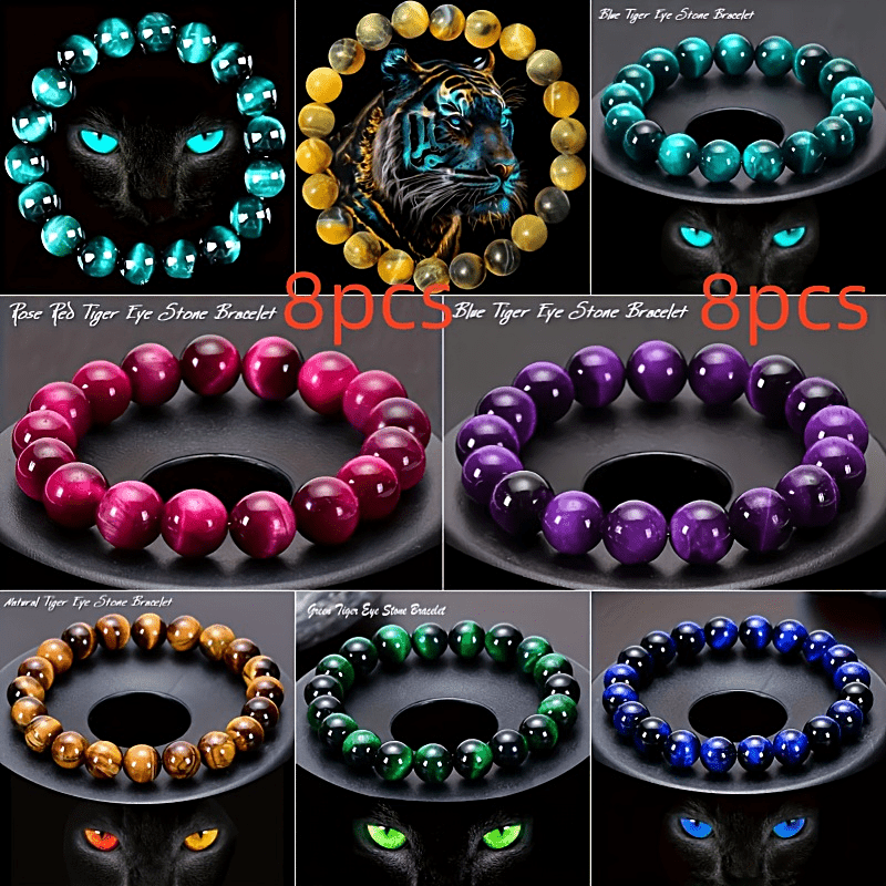 TEMU 8pcs Fashion Simple Synthetic Tiger Eye/cat Eye Bracelet Set- Perfect Unisex Artificial Crystal Bracelet, Suitable For Back To School, Casual