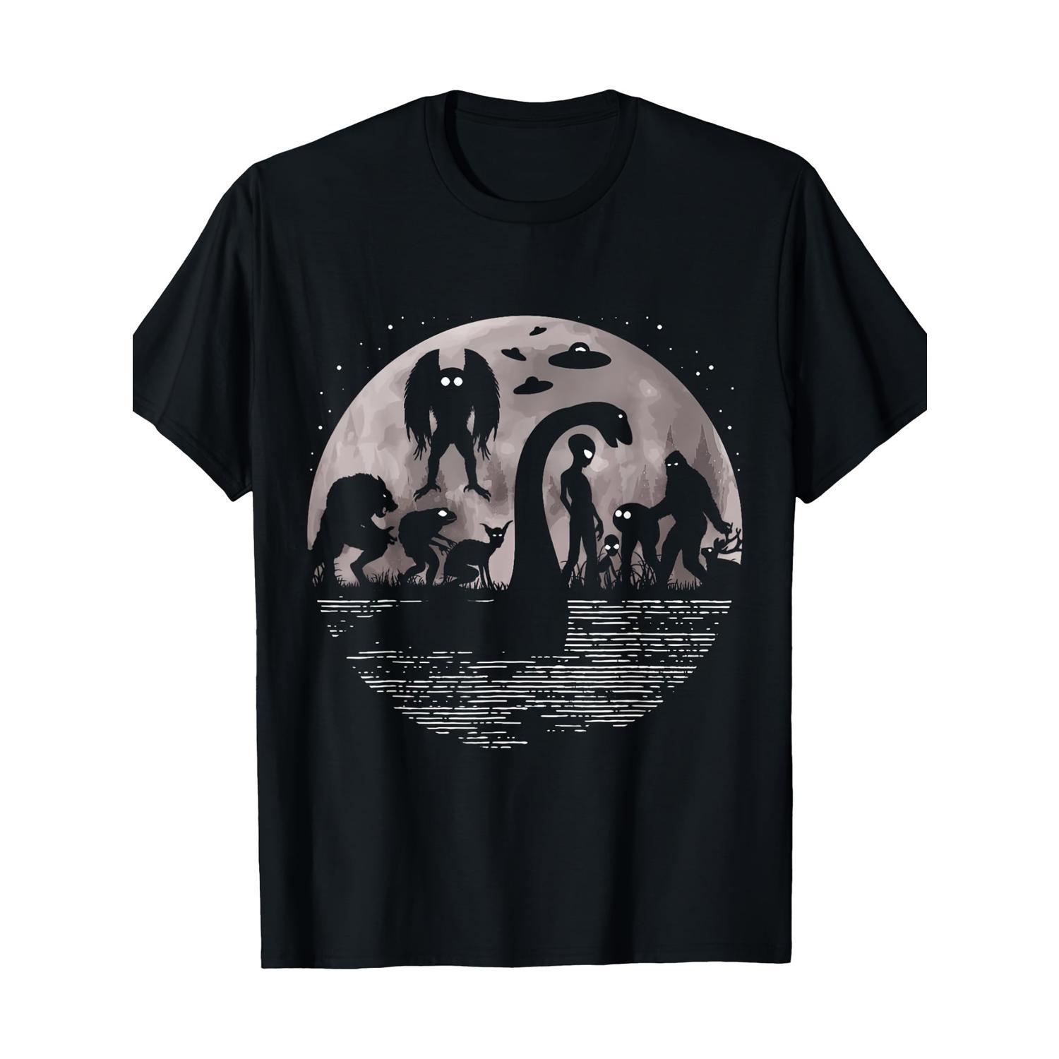 

Graphic Tee| Mothman & Creature Graphic Tee - 100% Cotton, Casual Fit, Short Sleeve, Round Neck - Black With Moon & Design, Ideal For Spring/autumn