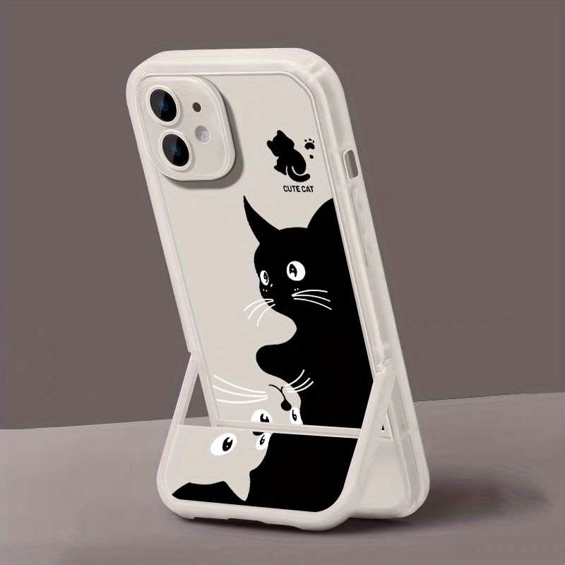 TEMU Phone Case: For Iphone 16 Pro Fashionable Creative Multi-functional Design Shockproof Cute Black & White Cat Pattern Stand Phone Case For Iphone