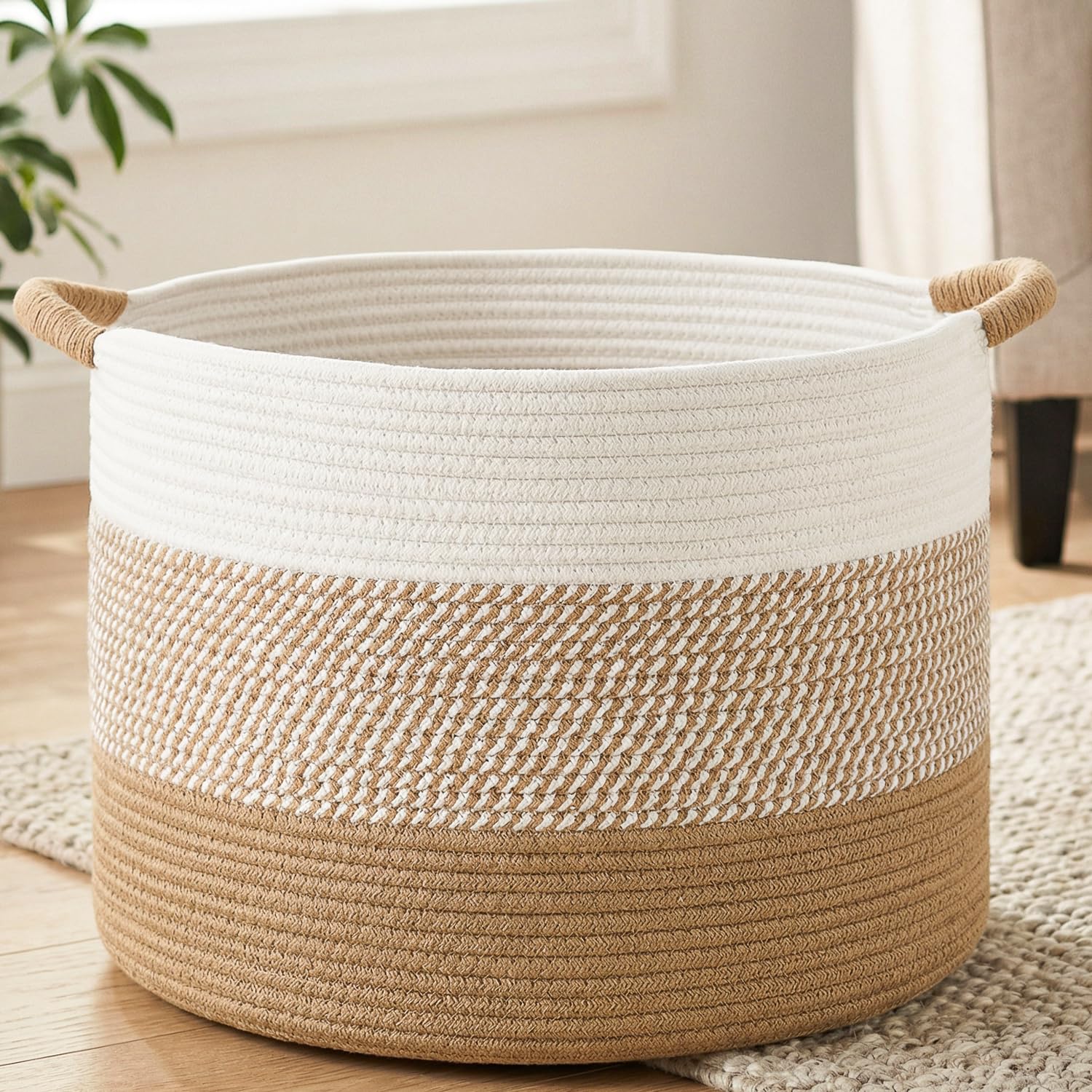 Image of 70l Large Rope Basket, Decorative Blanket Storage For Living Room, Boho Storage And Box For, Versatile Laundry Basket And Hamper For Blankets, Laundry Baskets