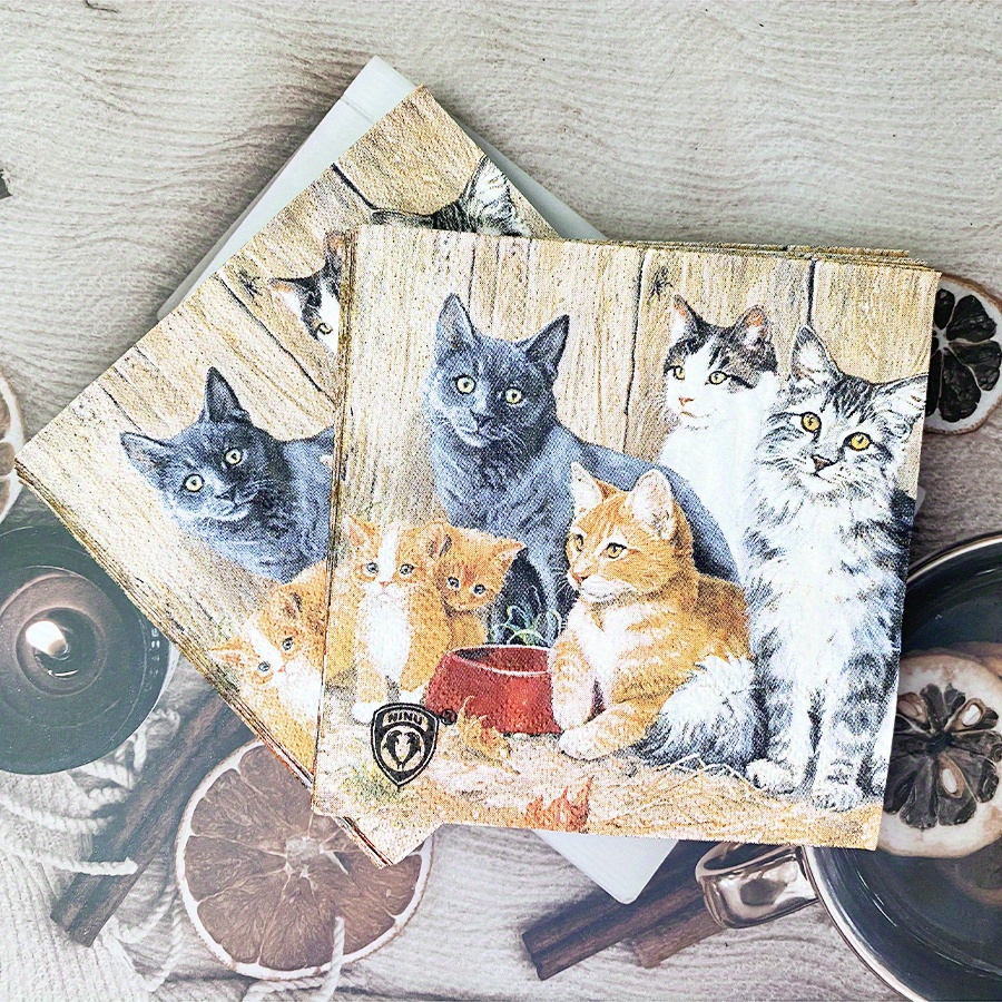 Image of 20pcs Cat Print Disposable Napkins, 2-ply, 9.84" Square - Weddings, Birthday Parties, Restaurants & Coffee Shops - Colorful Decoupage Paper With Diverse Cat Colors