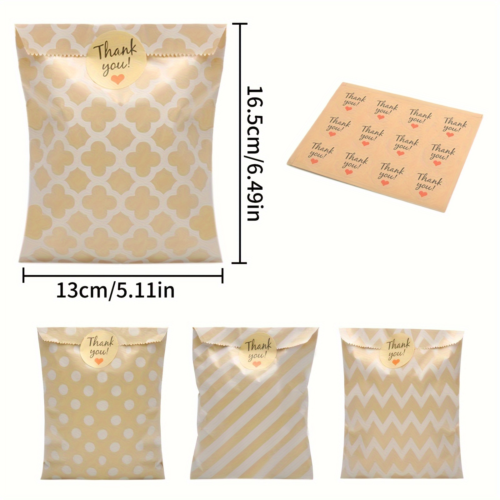 E-shop 100 Stk. Premium Braune Papiertüten mit Wabenmuster, Punkten und Streifen in Chevron-Optik mit 4 Einzigartigen Muster-Dankeschön-Aufklebern –