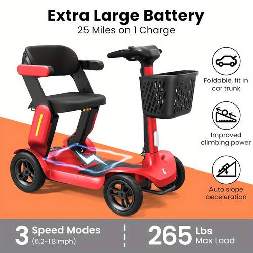 s3 foldable mobility scooter 25 miles charge safety lightweight for travel led basket 6 mph max