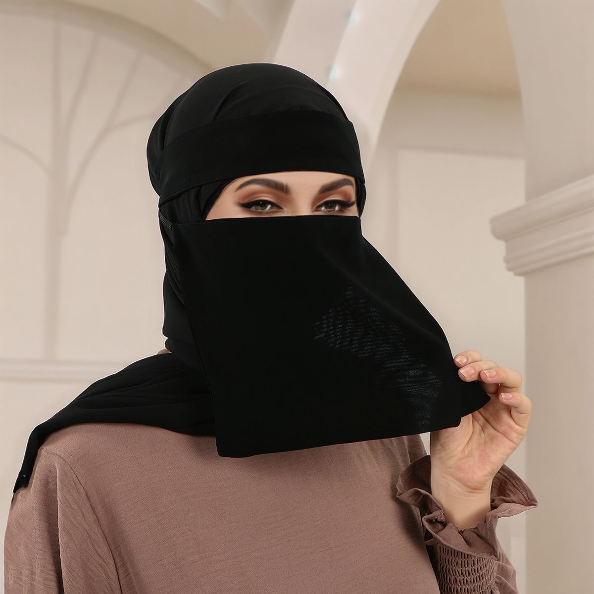 women muslim hijab veil face cover with adjustable elastic straps solid color suitable for daily wear prayer travel machine washable polyester hijab for modest covering elastic for headscarves Product details 4
