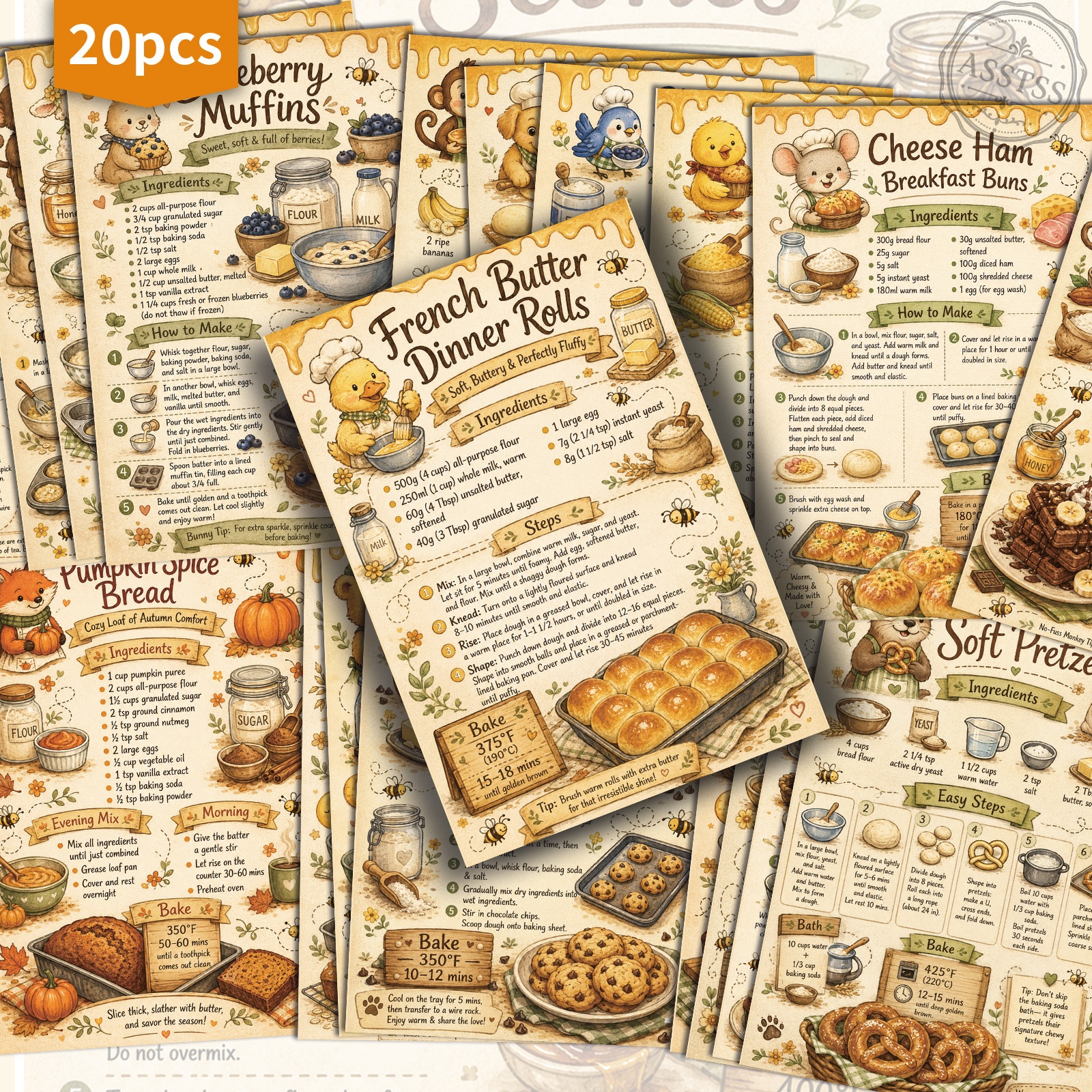 TEMU 20-pack Asstss Vintage Animal Baking Recipes Postcards - 4x6 Inches Retro Junk Journal Supplies, Classic Pinup Illustrations Collectible