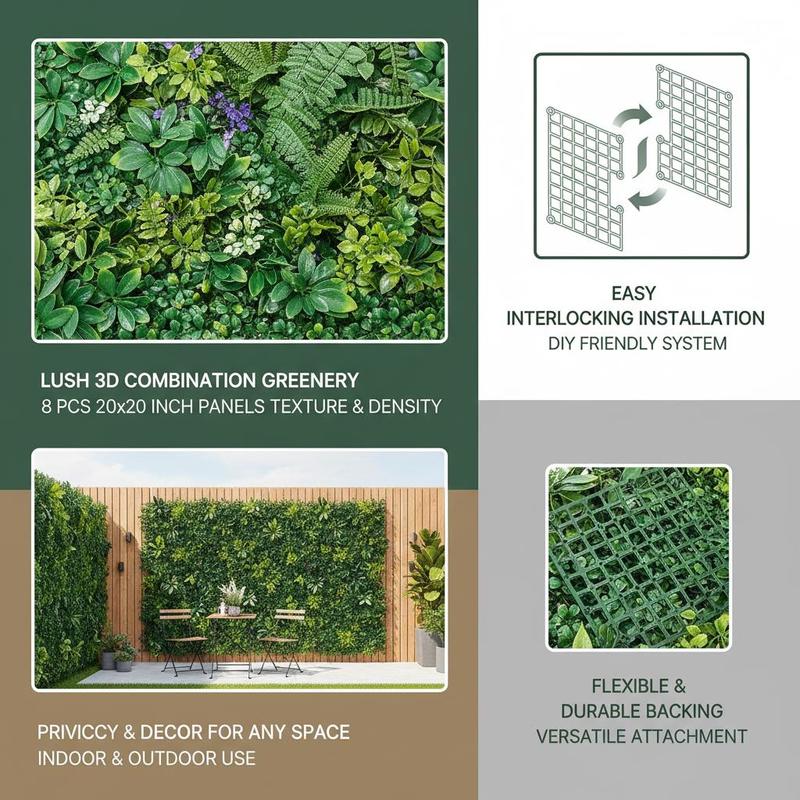 Faux Boxwood Hedge 20X20In for Garden Privacy Ivy Fence Interior Wall Decor, 8pcs 3D Greenery Foliage Screen Backdrop Interlocking Grid Panels