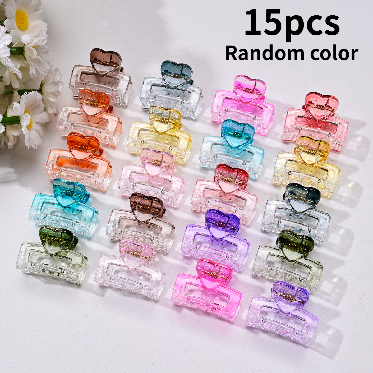 TEMU 15pcs Transparent Heart-shaped Square Small Clips Colorful Side Bangs Clips Hair Clips Braiding And Updo Styling