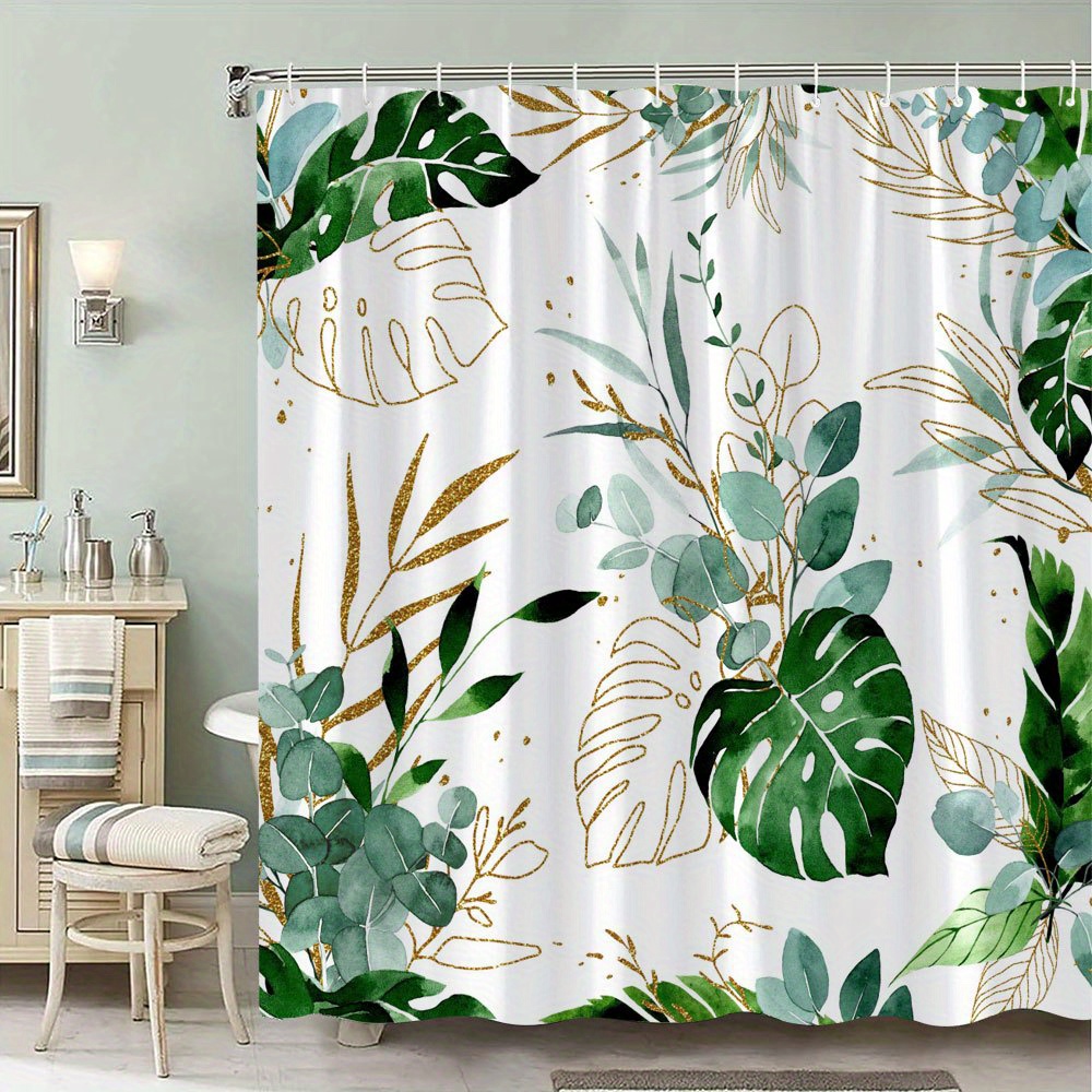 TEMU Tropical Monstera Leaf Shower Curtain | Fresh Paradise Style | 70x70 Inches | Polyester, Machine Washable | Includes 12 Hooks | & Golden Accents