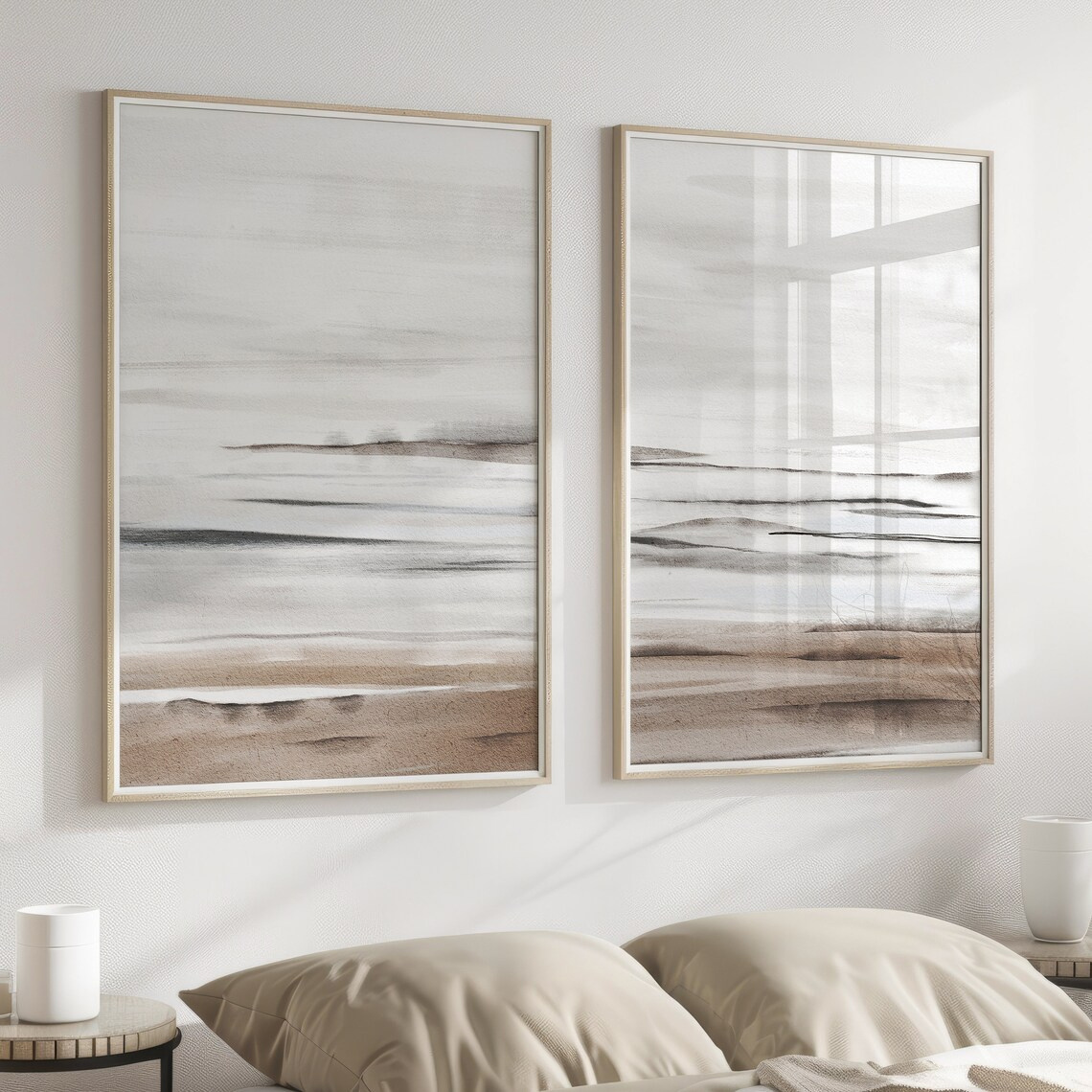 TEMU 2D , 2D , Juego de 2 piezas, Decoración de pared, Póster contemporáneo, Obra de arte de paisaje en acuarela beige y , Impresión minimalista ,