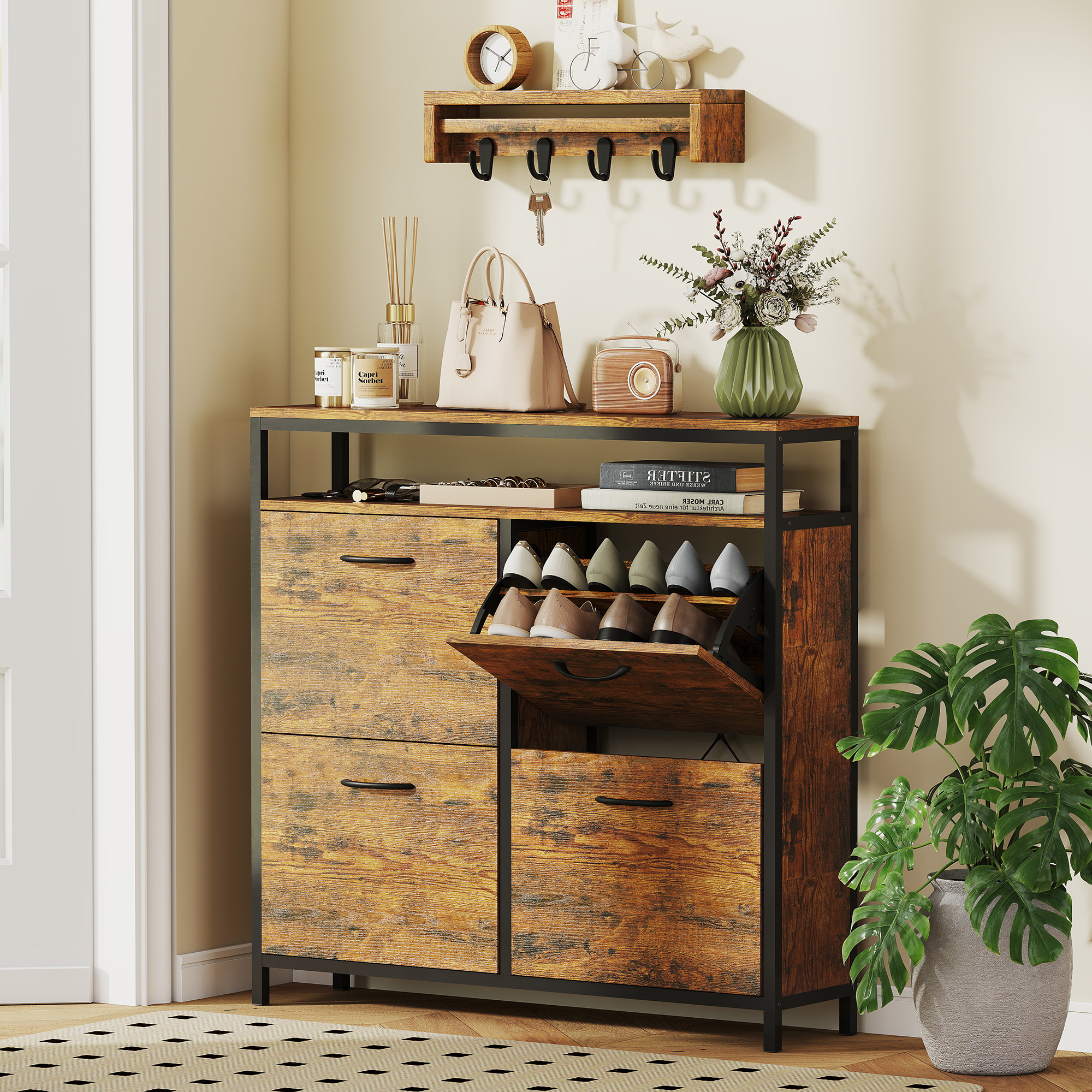 TEMU Homcom Shoe Storage Unit Featuring 4 Flip Drawers, Accommodates 12 Pairs, Rustic Brown End