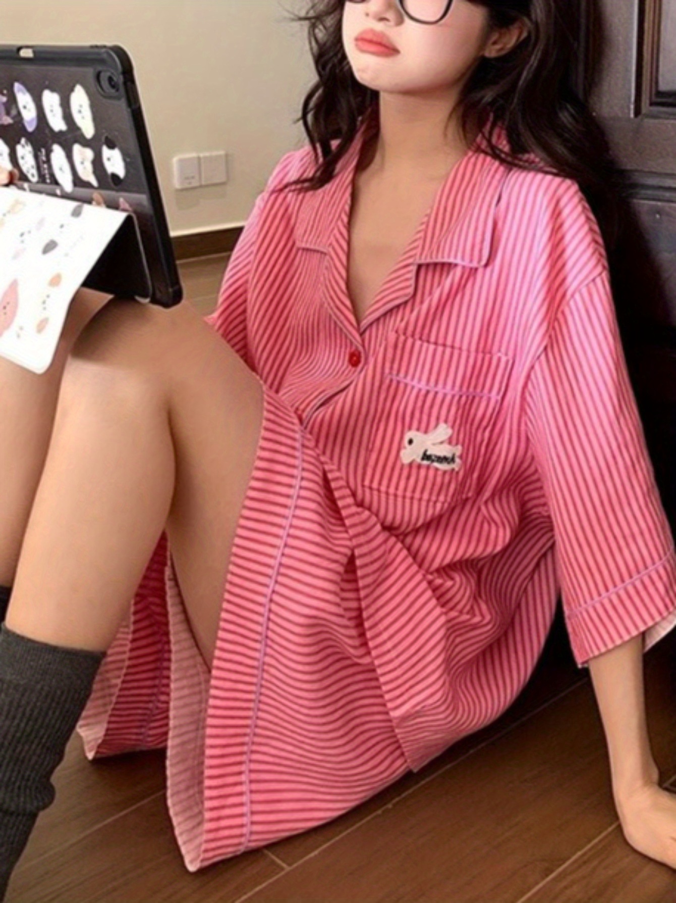 casual peach pink striped short sleeve pajama set rabbit print collared button up top elastic waistband shorts loose fit sweet and comfortable spring summer loungewear
