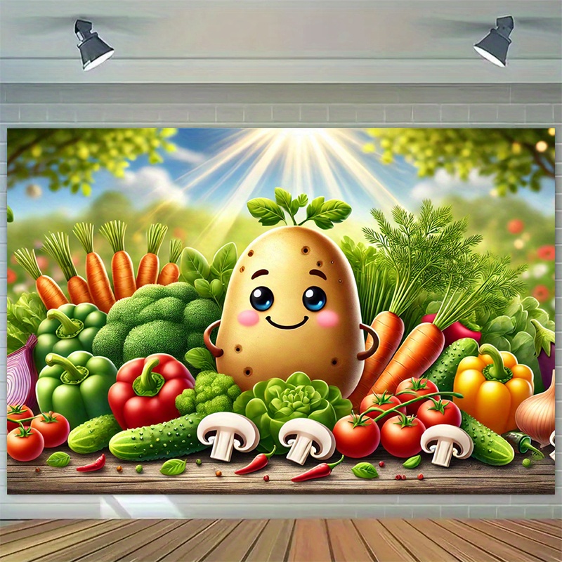 TEMU Cute Smiling Potato Polyester Photography Backdrop - Vibrant Vegetable With Carrots, Tomatoes & Mushrooms - Indoor/outdoor Party Banner, Studio