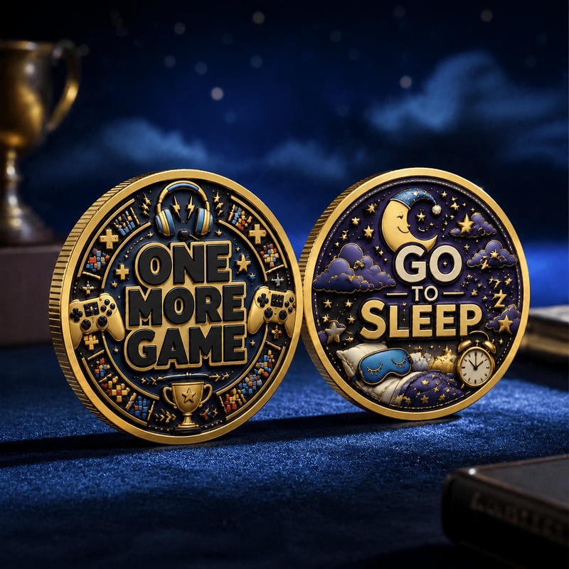 TEMU 2d Flat Print Game Or Sleep Decision Coin, Fun Flip Challenge Coin, Novelty Collectible Coin, -themed Gift For Male , Desktop Ornament For Game