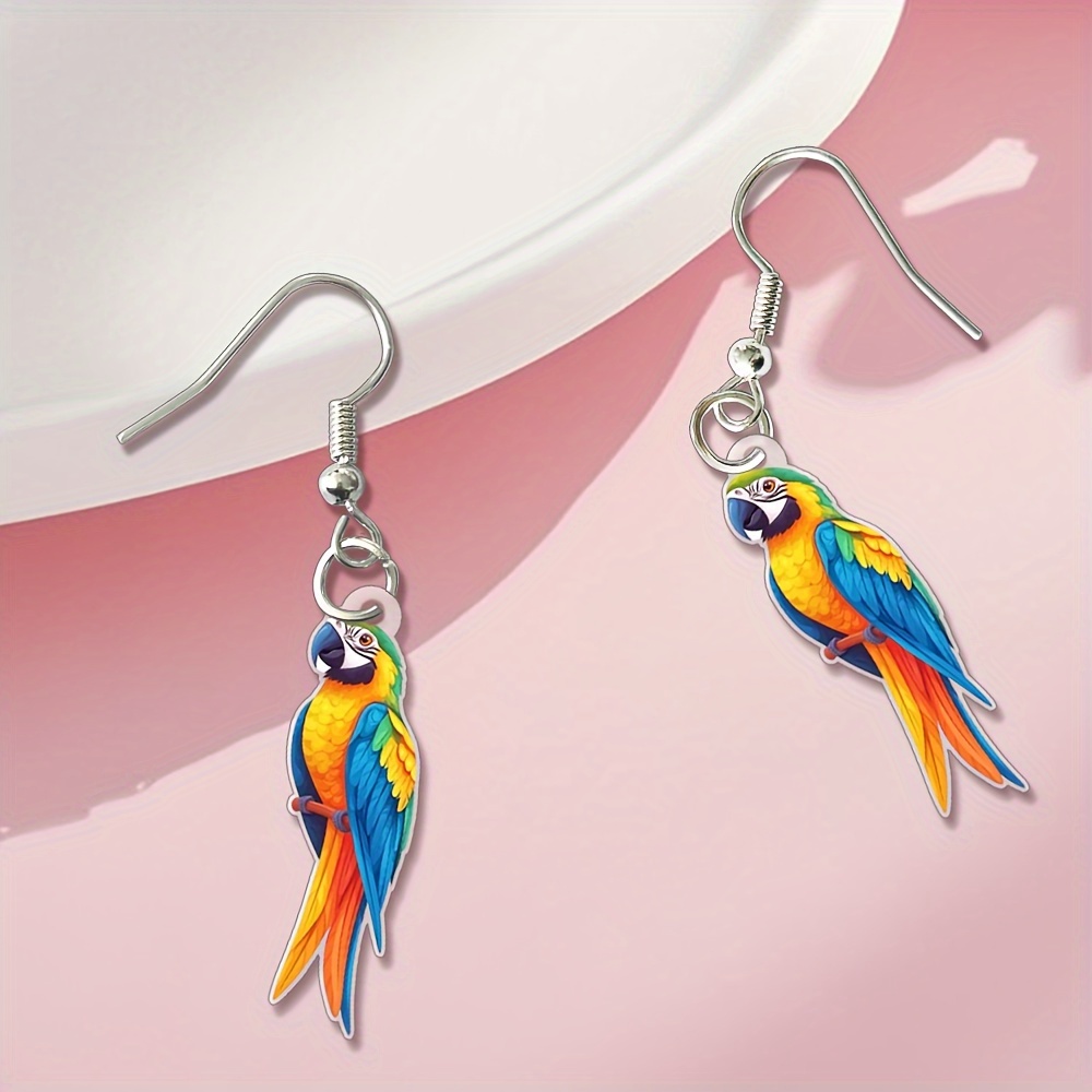 2d Flat, 1 Pair, Cute Cartoon Colorful Parrot Acrylic Earrings, Simple , Women's Fashion Accessories, Animal Pendants, Suitable For Daily Casual Wear, Charm Jewelry Gifts, Christmas Gifts, 2d Flat