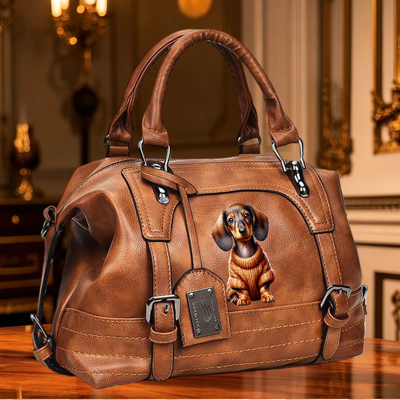 TEMU 1pc Retro Dachshund Print Crossbody Bag - Multifunctional Travel Storage Handbag With Adjustable Strap & Compartments, Portable Suitable For