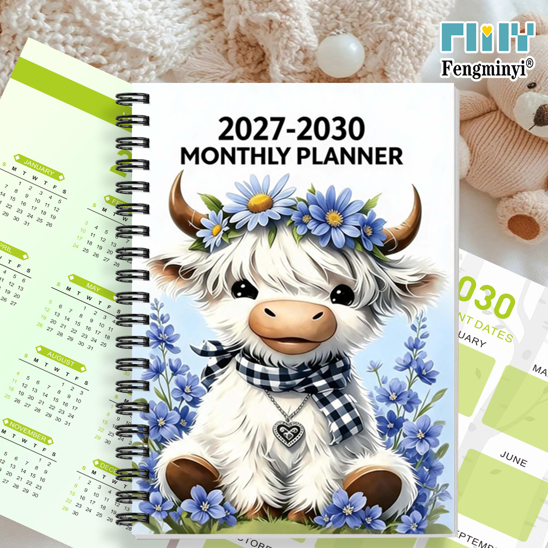 TEMU 2d Flat Planner, 1pc 2027-2030 Monthly Planner, Four-year Calendar Planner, Purple Floral Highland Cow Themed Cover , Annual Schedule Planner,