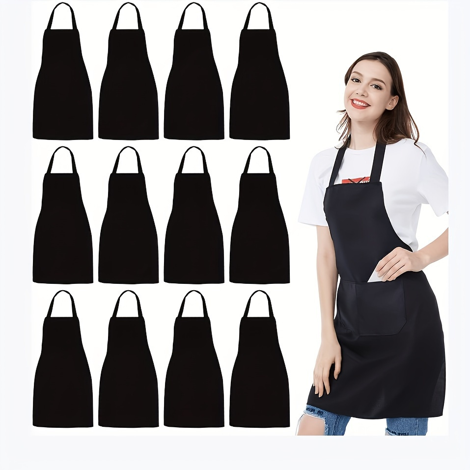10pcs Premium Black Aprons with Large Pockets - Durable Polyester Fabric, Ideal for Cooking, BBQ, and Outdoor Activities, Kitchen Aprons