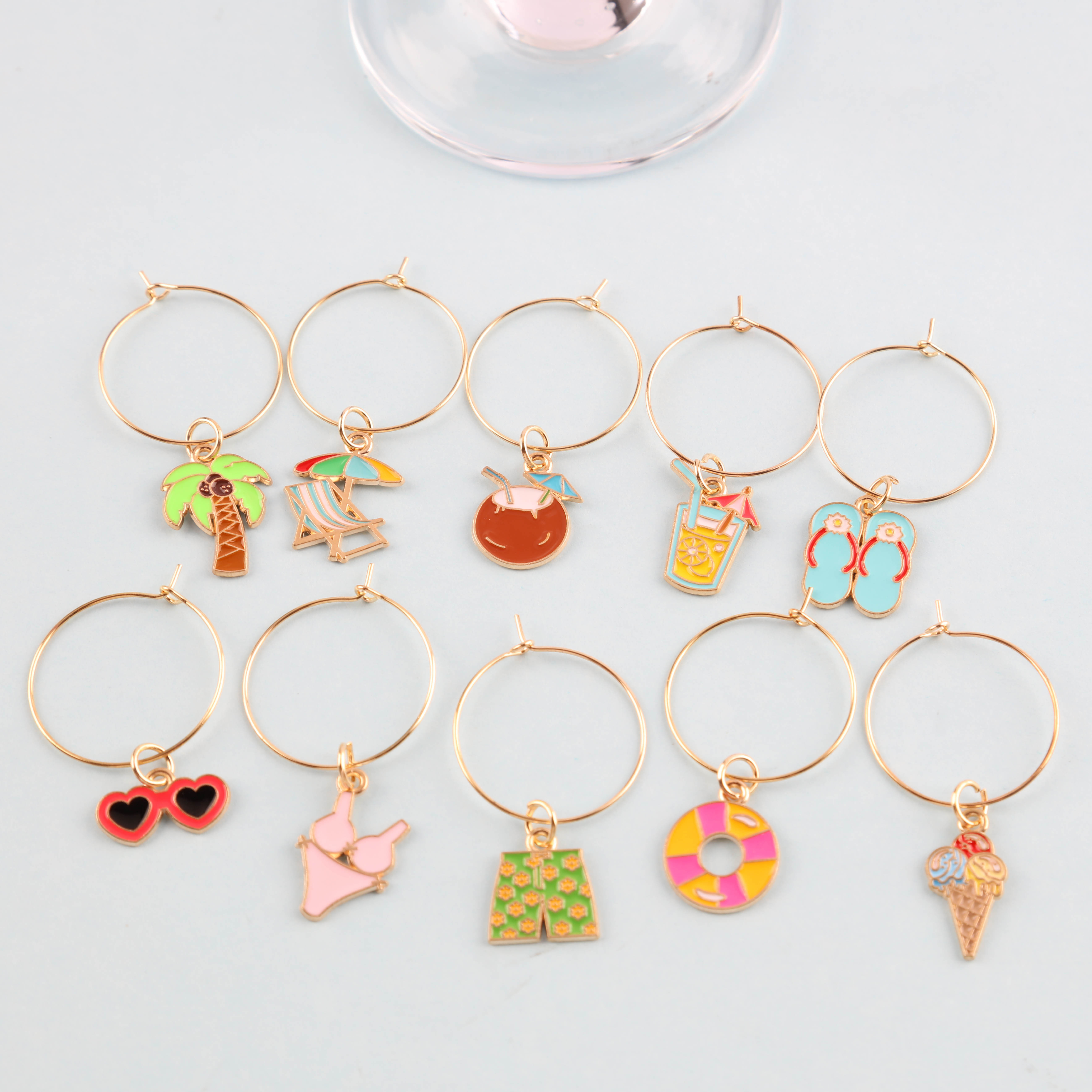 Image of Set Of 10 Beach-themed Wine Glass Markers For Summer Beach Wine Tasting Parties, Including Identifiers For Drinks, Suitable For Christmas, Thanksgiving, Easter, And Birthday Party Decorations