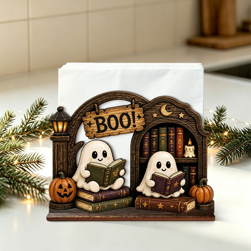 TEMU Lot de 1 Porte-serviettes et Boîte à mouchoirs en bois Boo Reading Library - Organisateur de bureau mobile de livre, convient pour tables à