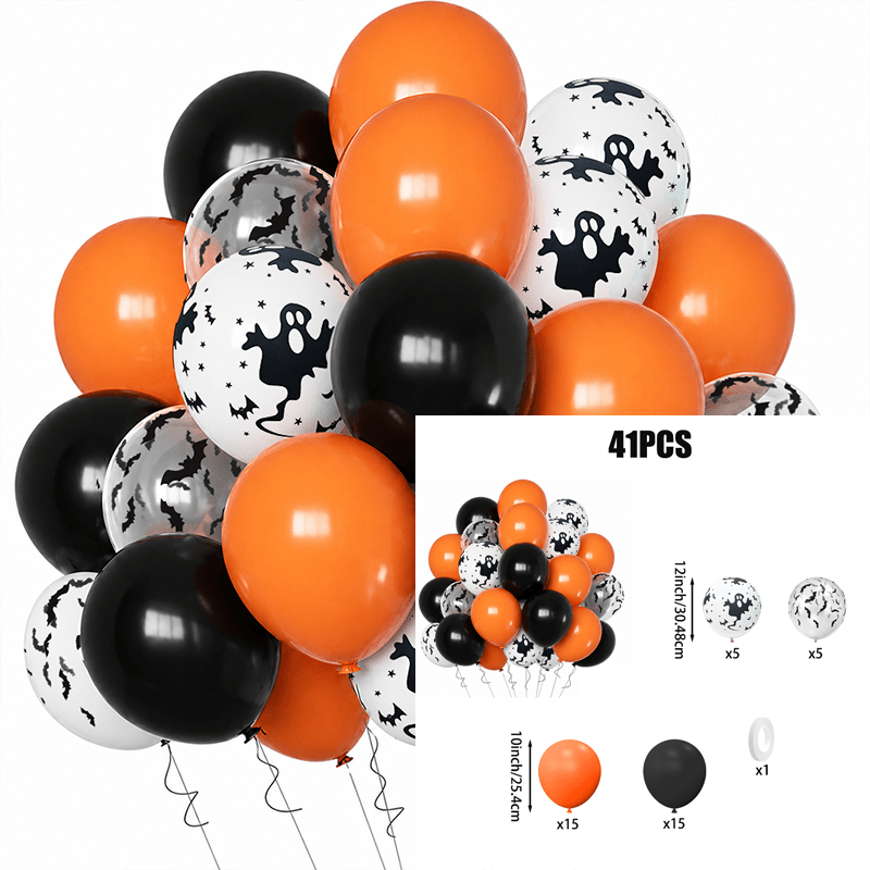 TEMU 41pcs Classic Halloween Party Balloons Set, Matte Orange & Solid Black Latex Balloons, White Balloons, Clear Balloons Bat Printed, For Halloween