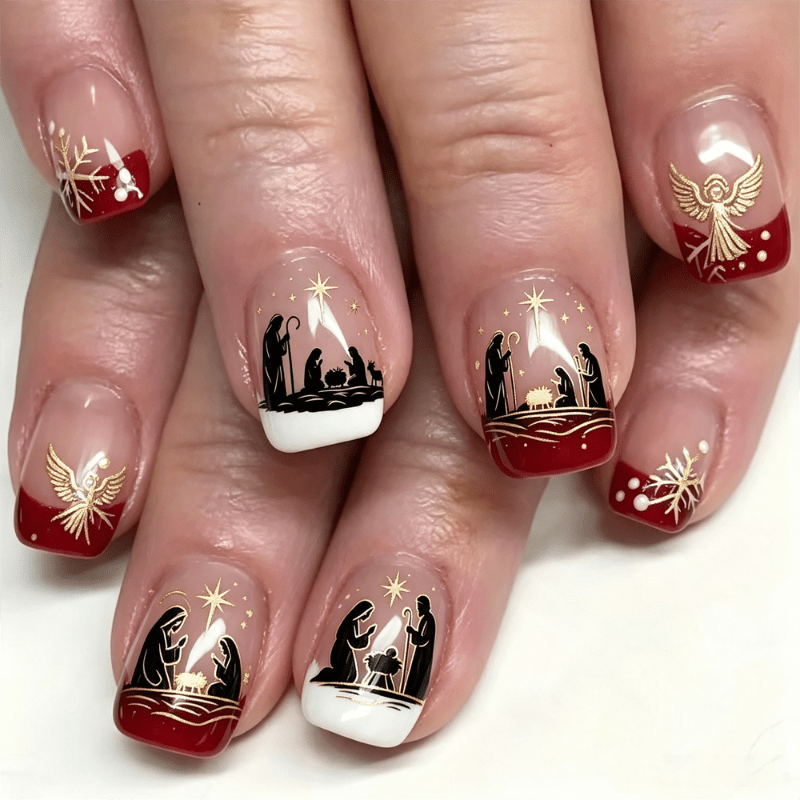 TEMU 72pcs Short Square Fake Nails Suitable For Autumn & Winter - Glossy French Nativity Star Snowflake Nail Tips, Warm Red/white Suitable For ,