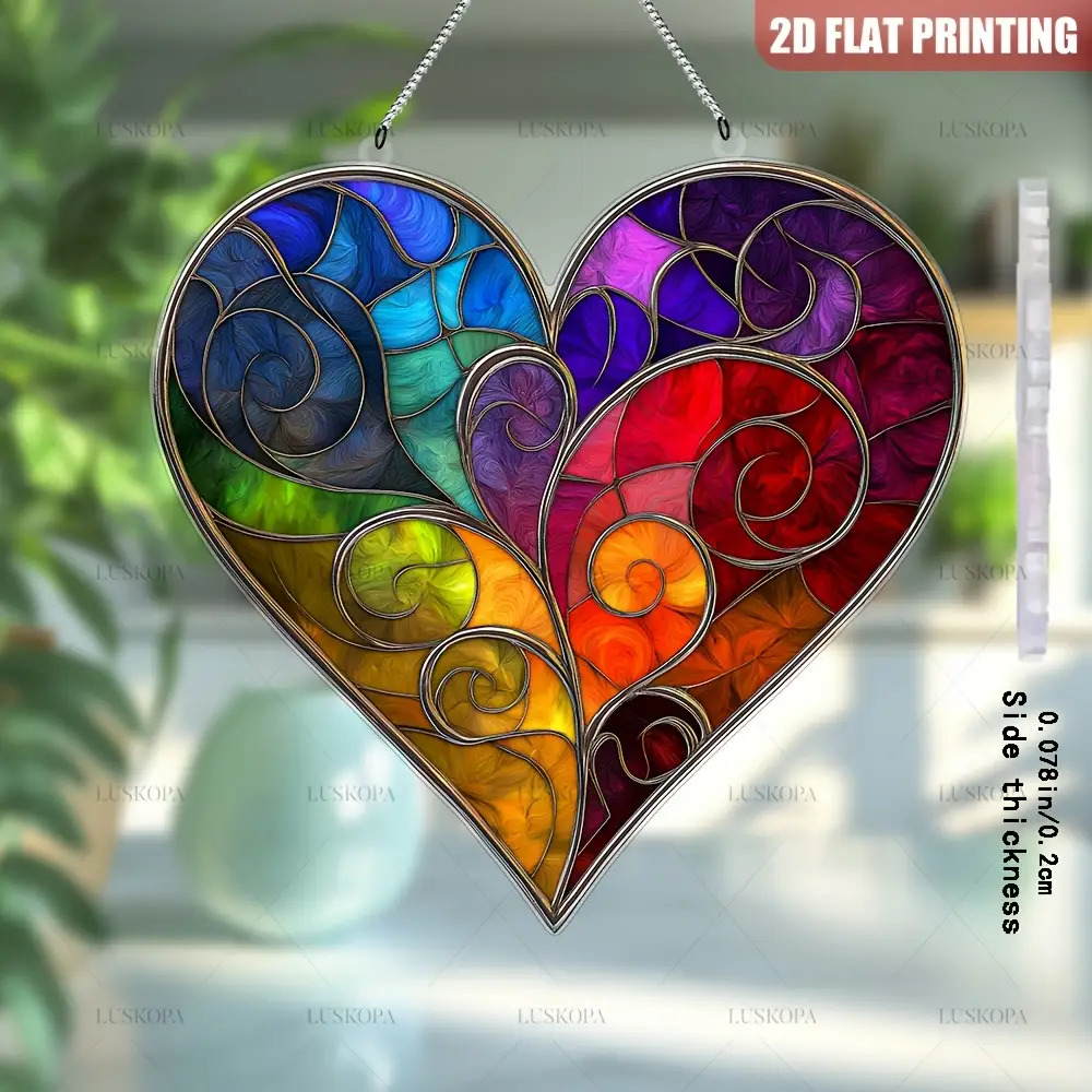 E-shop 2D Flach, 1 Stück Bohemian-Stil Acryl Herz Sonnenfänger Fensterdekoration – Lebendige Farben, Perfektes Geschenk für Valentinstag, Muttertag,