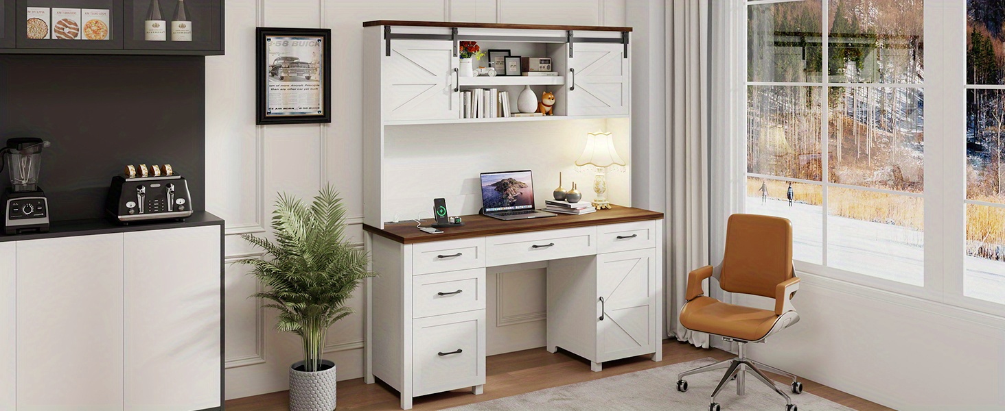 67h   with storage cabinet 5 drawers wooden office table computer desk with charging station sliding barn doors   office desk for home office study white Product details 0