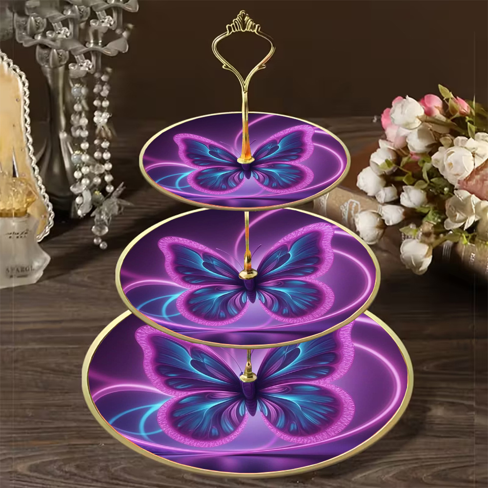 TEMU 1pc Three-tier Wooden Decorative Tray, 2d Purple Pattern Display Tray, Holiday Decoration Storage Rack, Weddings, Birthdays, Thanksgiving,
