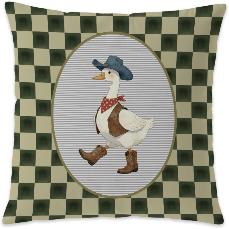 TEMU 2d Flat - 1pc Western Cowboy Duck Pillowcase, Green And White Checkered Background With Oval Frame- Cowboy Outfit Pattern, Retro And Full Of ,