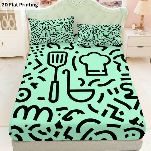 2d flat printing 3pcs kitchen design fitted sheet 3pcs set 1 fitted sheet 2 pillowcases kitchen theme cooking tool bedding mattress protector soft breathable 2d flat