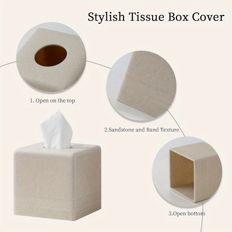   resin tissue box cover & dispenser - beige with white trim, durable rectangular holder with rounded corners, space-saving design for bathroom, kitchen, living room, office - decorative toilet paper storage in beige,, brown, gray tones - easy to clean & scratch-resistant, tissue holder bathroom Product details 3
