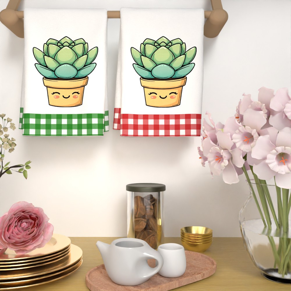 set of 2 tea towels featuring a cartoon-style potted plant design, measuring 45.72  .04 cm.   towels are   absorbent,  , and   bright colors.   are machine washable, exceptionally soft, and quick-drying, making them   kitchen or bathroom use. ideal as home decor or gifts for housewarming celebrations. details 3