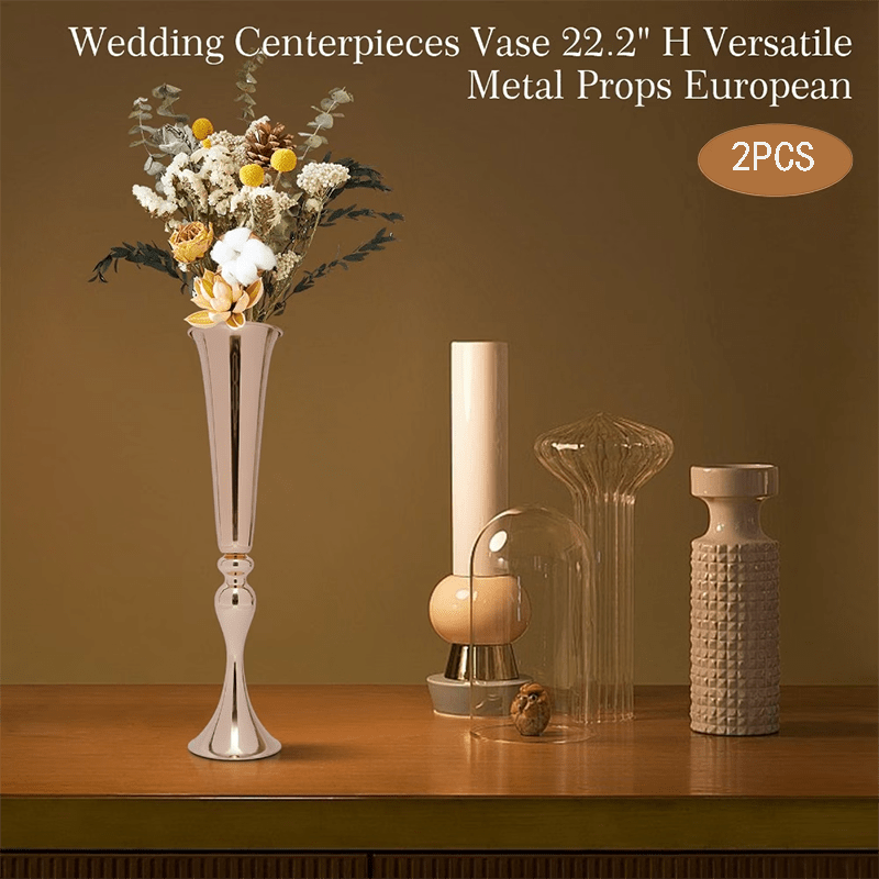 Image of 2pcs Golden Metal Trumpet Flower Vases, 21.9 Inches Tall, Wrought Iron Floral Decor, Perfect For Wedding And Birthday Party Table Centerpieces
