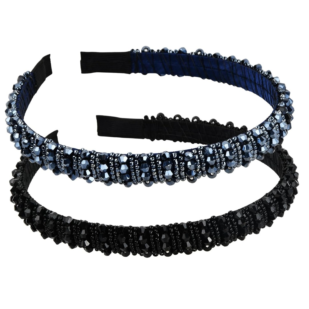 TEMU Women's Headbands 2pcs Set, Rhinestone Bead Embellished, Elegant Headband, Bridal Blue Headband, Beaded Chain, Hair Accessory, Women's Headband