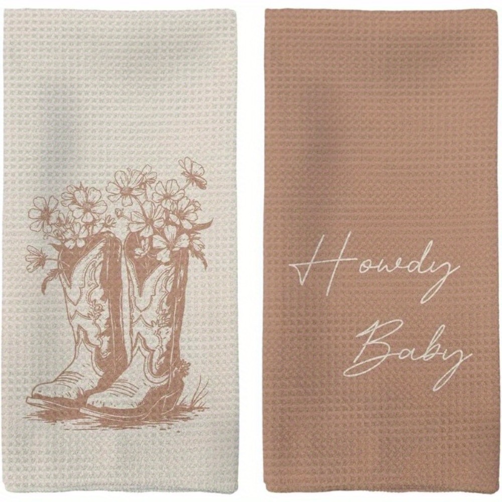 TEMU 2pcs Western Cowboy Themed Kitchen Towels Suitable For Home Decor, Retro Western Dish Cloths With Floral & Cowboy Print, Machine Washable