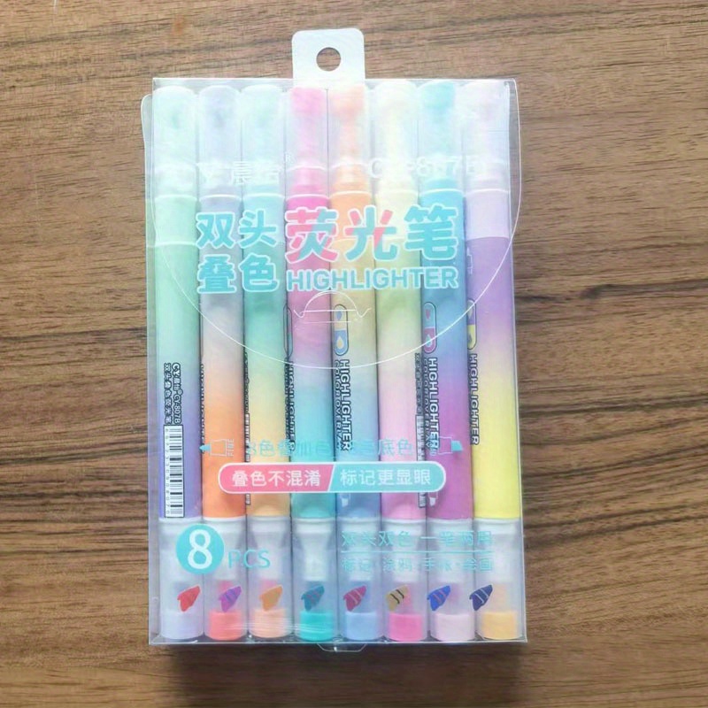 Image of 6/8pcs -changing Pens - Dual Tip Cute Cool Fun Markers, Pastel Fluorescent Highlighter Aesthetic Office Supplies Women's Back-to-school, Log Note Planner