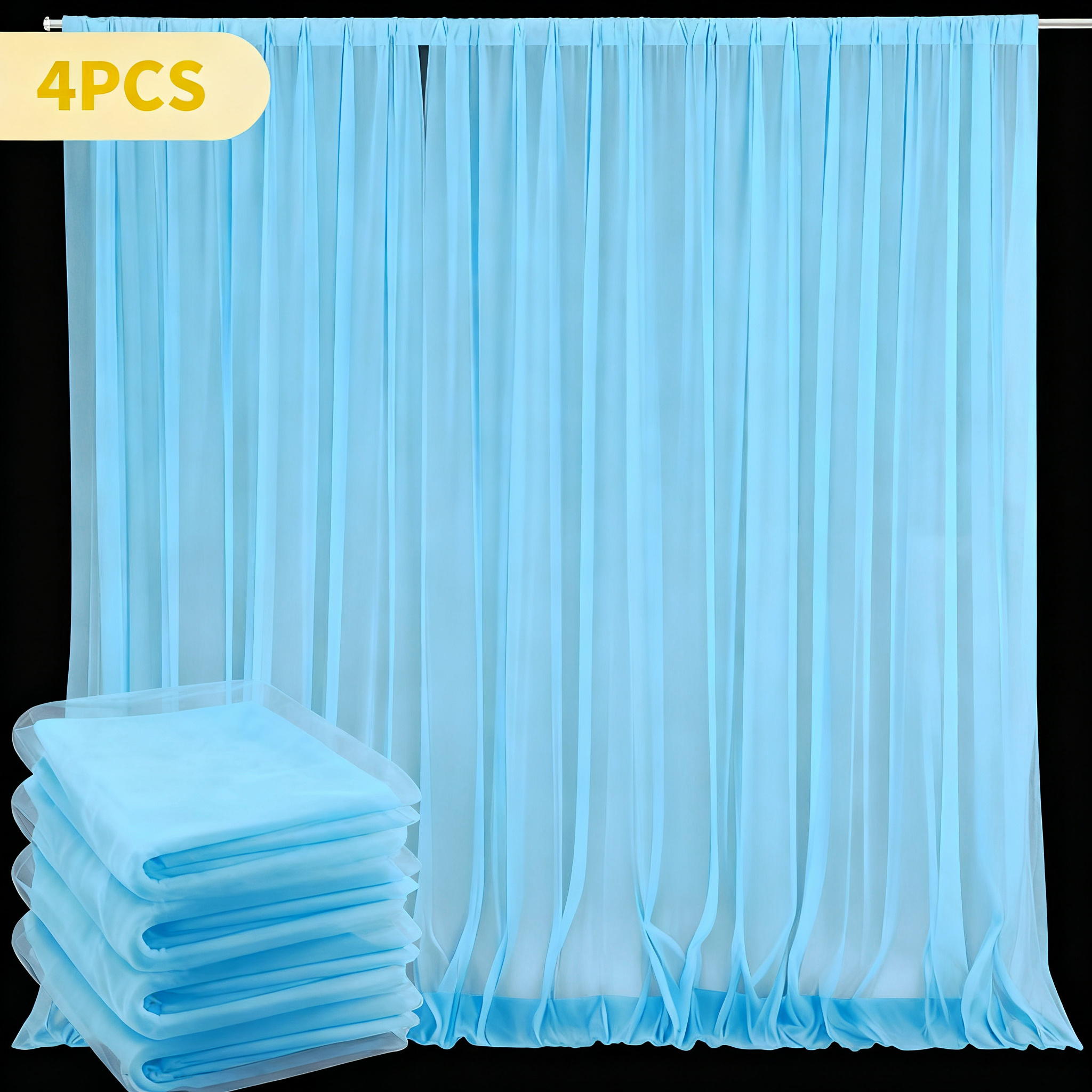 TEMU 4-panel Set, 10ft X 5ft Sheer Tulle Rod Pocket Curtains, White, Black, Pink, Blue, Purple. Suitable For Wedding And Party Decorations, Showers