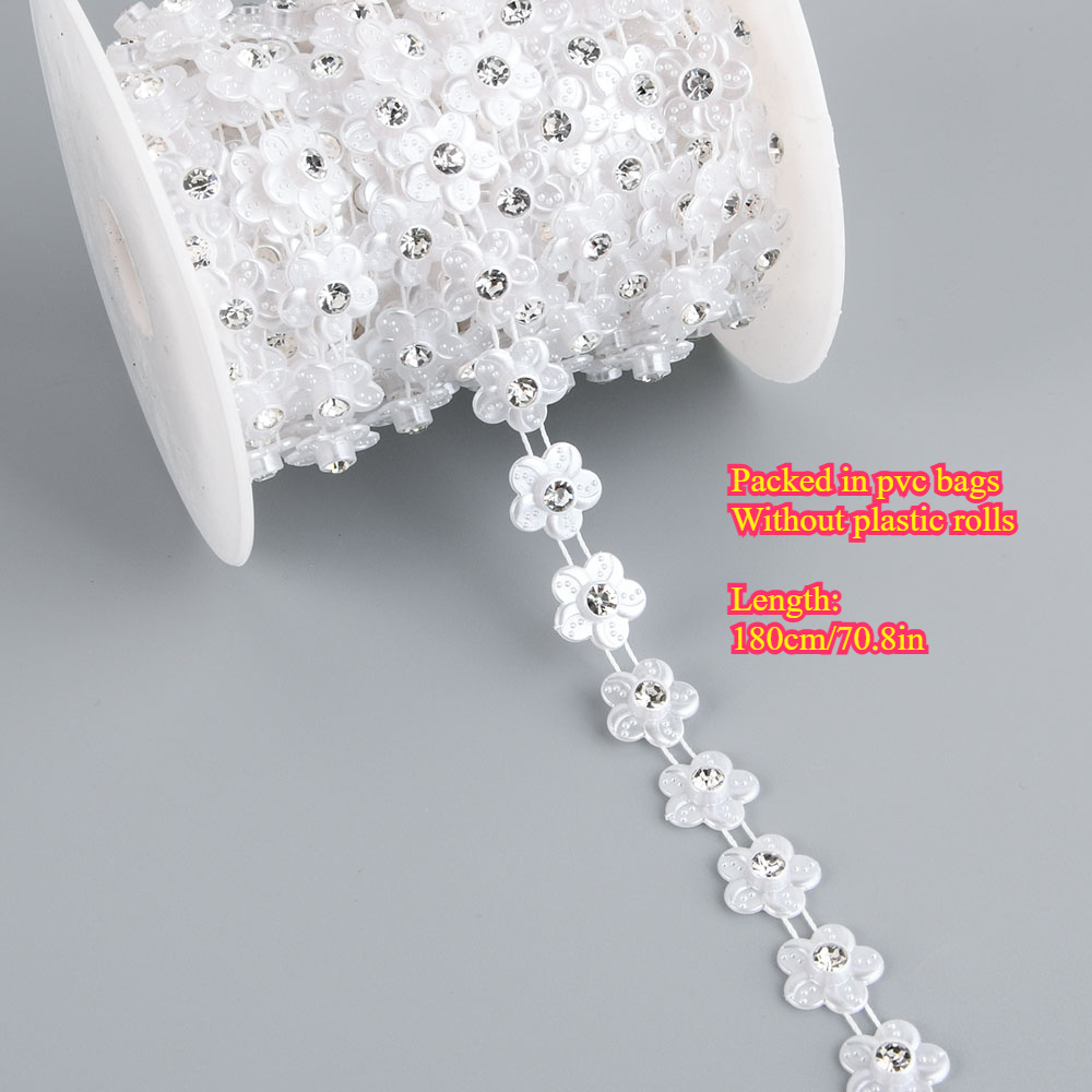 Image of 1pc 1.2cm/0.47in Width Elegant Plastic Rounded Flower With Rhinestones Beaded Chain Trim Garland For Sewing Bridal Dress Decor Weddings Party Home Decor, Diy Creative Decorations, Jewelry Making Kits