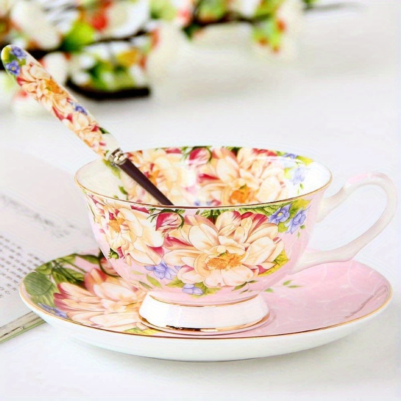 1pc vintage floral bone china tea cup and saucer set - elegant pink & golden english teacup with saucer, 7oz delicate pastel colors (pink, green, blue, yellow, white) for women s  , birthday, mother s day gift, hand wash only, dainty tableware for  , flower tea cup Product details 0