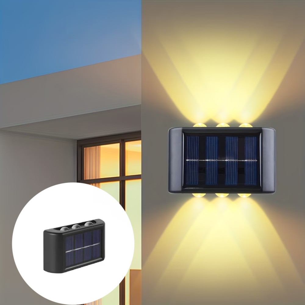 E-shop 6-LED Solar-Zaunleuchte, Wandkerzenhalter mit Auf-Ab-Beleuchtung, IP65, weiches blendfreies Licht, solarbetrieben mit automatischer Aufladung,