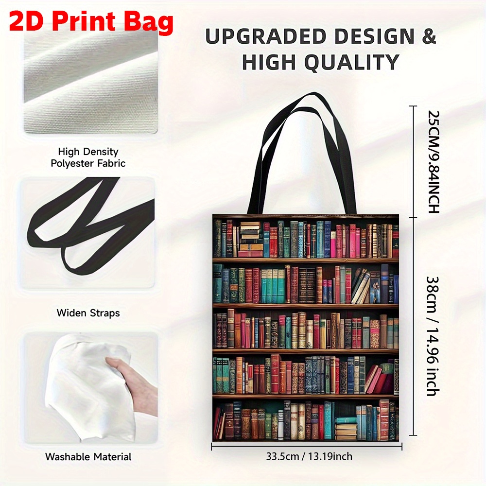 TEMU 1pezzo 2D Stampato Piatto Poliestere Tema Biblioteca Tote Bag, Libri riempiono le mensole Design, Borsa con , Tote Bag