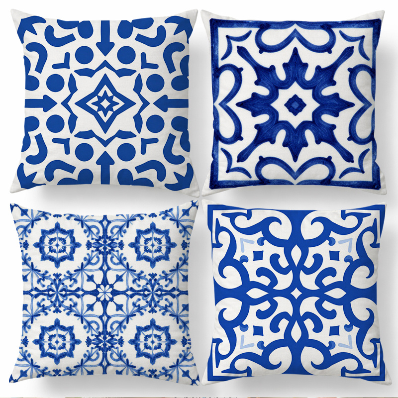 TEMU 4pcs Mediterranean Style Home And Kitchen Supplies, Bedding, Home Decor With Blue And White Geometric Pattern Printed Cushion Covers, Suitable